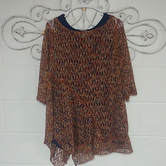 ONE WORLD SHEER CROCHET SHORT SLEEVE OVER TANK TOP,FALL COLORS, TUNIC - Picture 3 of 9